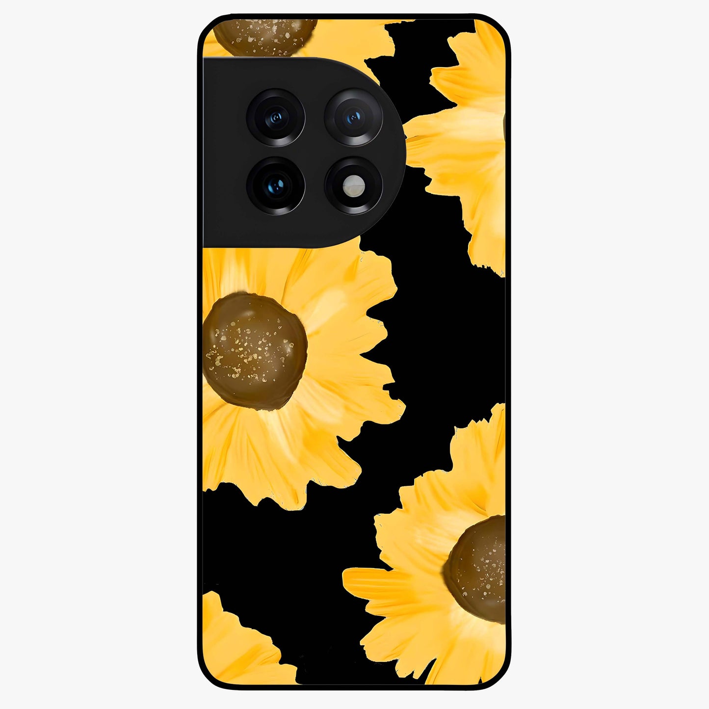 Bold Sunflowers Glow Glass Case for 1+11 vibrant front view featuring radiant sunflower artwork with warm golden tones