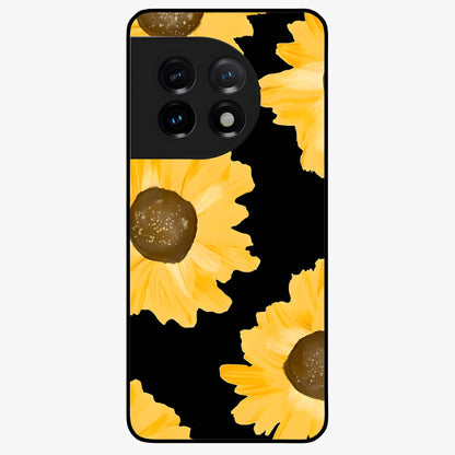 Bold Sunflowers Glow Glass Case for 1+11 vibrant front view featuring radiant sunflower artwork with warm golden tones