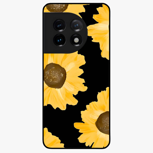 Bold Sunflowers Glow Glass Case for 1+11 vibrant front view featuring radiant sunflower artwork with warm golden tones