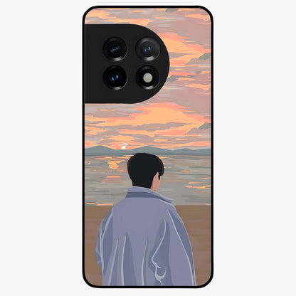 Boy Facing Sunset Beach Glass Case for 1+11 scenic front view featuring silhouette artwork against glowing sunset sky