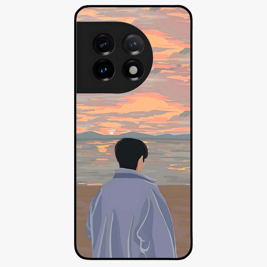 Boy Facing Sunset Beach Glass Case for 1+11 scenic front view featuring silhouette artwork against glowing sunset sky
