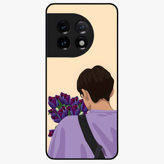 Boy Holding Flowers Glass Case for 1+11 aesthetic front view featuring soft illustrated character holding floral bouquet