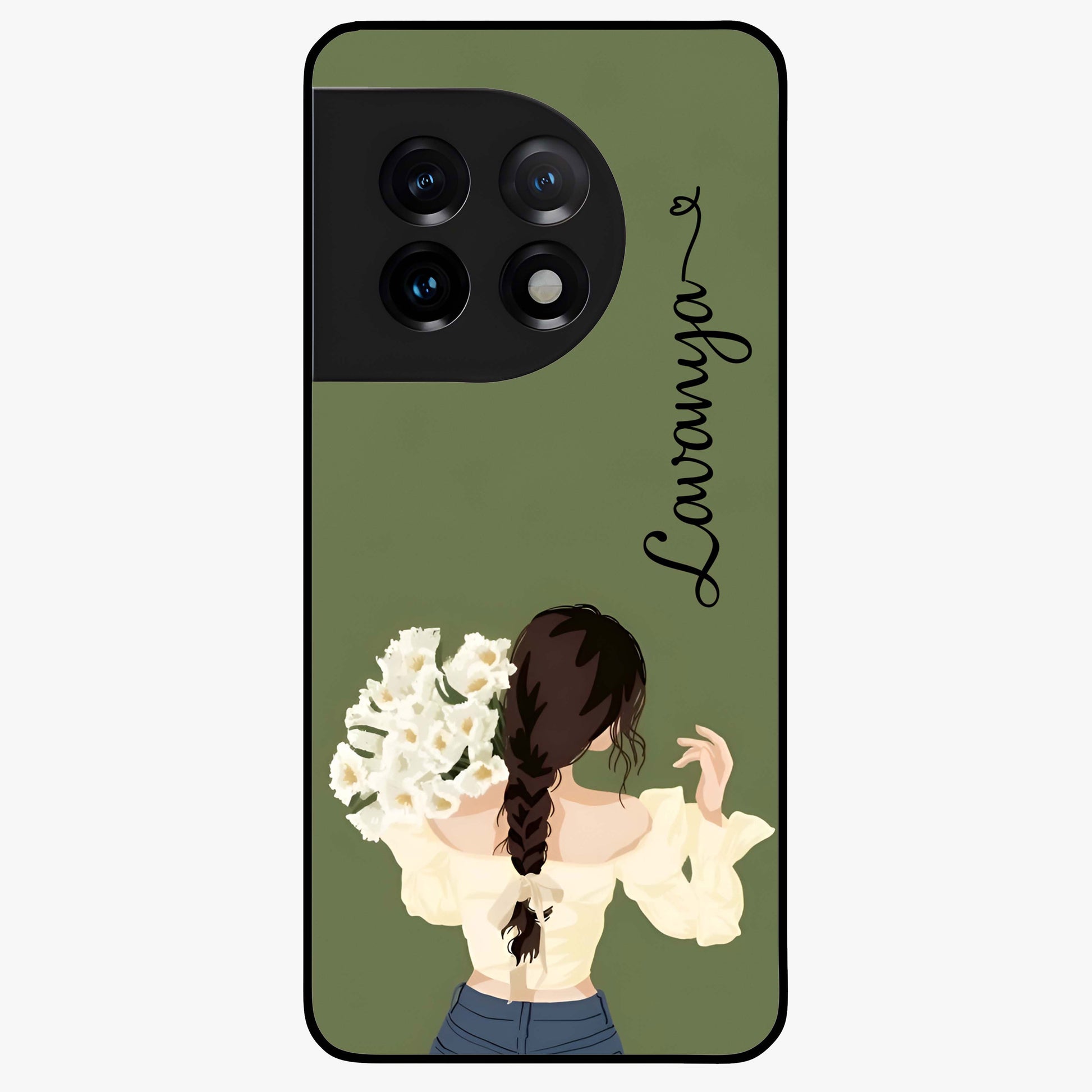 Braided Spring Beauty With Custom Name Glass Case for 1+11 elegant front view featuring braided floral artwork with personalized name design