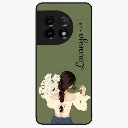 Braided Spring Beauty With Custom Name Glass Case for 1+11 elegant front view featuring braided floral artwork with personalized name design