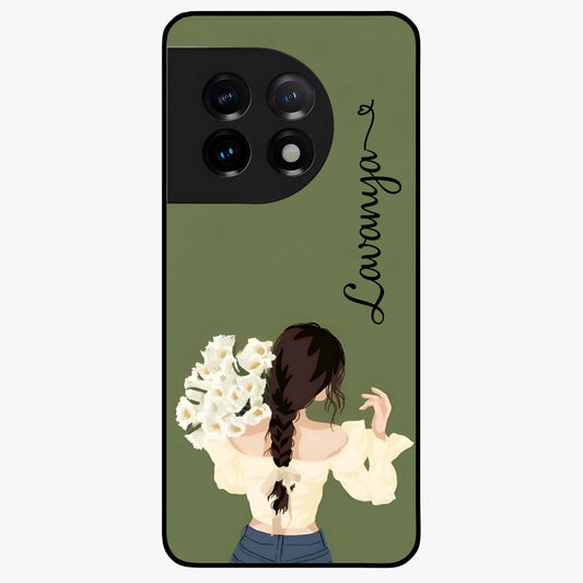 Braided Spring Beauty With Custom Name Glass Case for 1+11 elegant front view featuring braided floral artwork with personalized name design