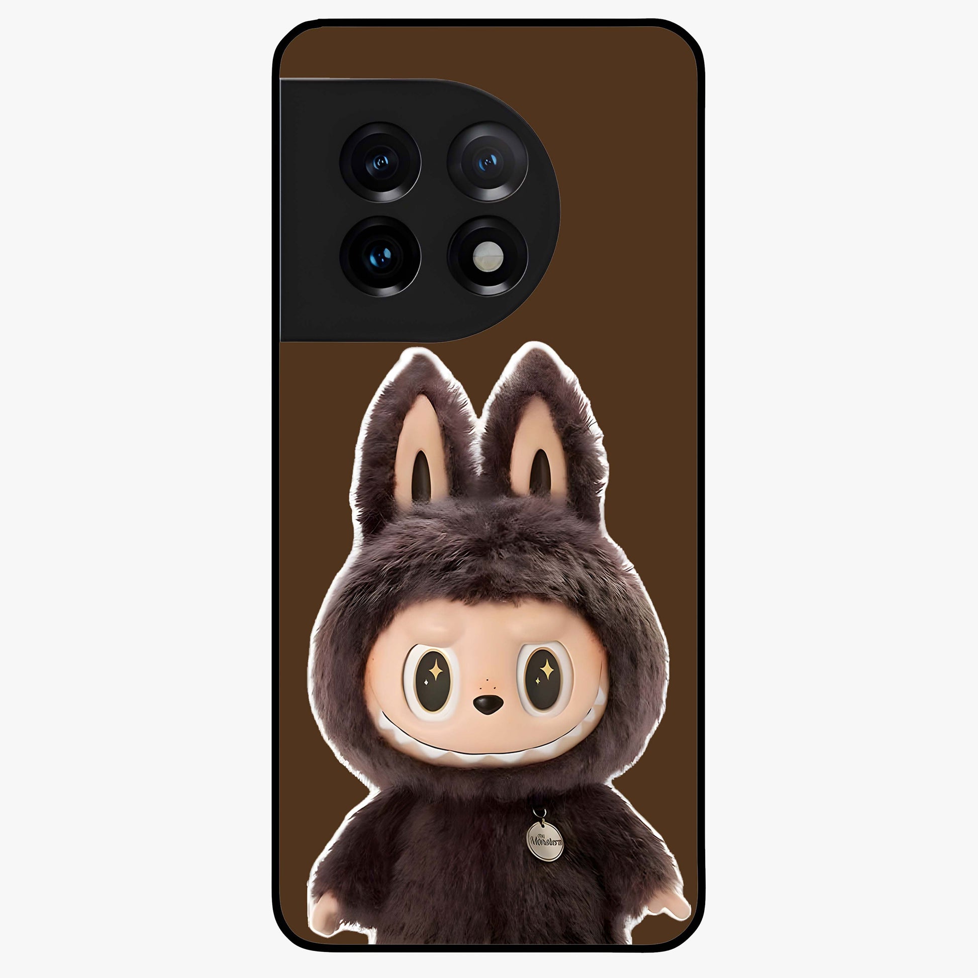 Brown Labubu Design Glass Case for 1+11 cute front view featuring playful Labubu character artwork in warm brown tones