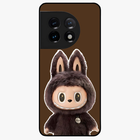 Brown Labubu Design Glass Case for 1+11 cute front view featuring playful Labubu character artwork in warm brown tones
