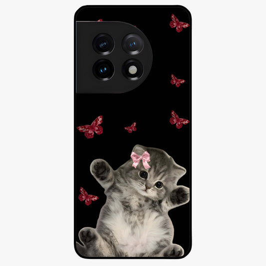 Butterfly Cat Bliss Glass Case for 1+11 charming front view featuring cat and butterfly aesthetic artwork