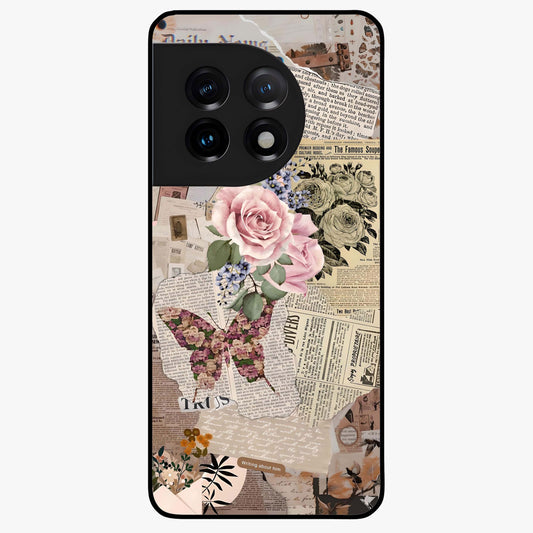 Butterfly News Bloom Glass Case for 1+11 artistic front view featuring blooming floral and butterfly themed artwork