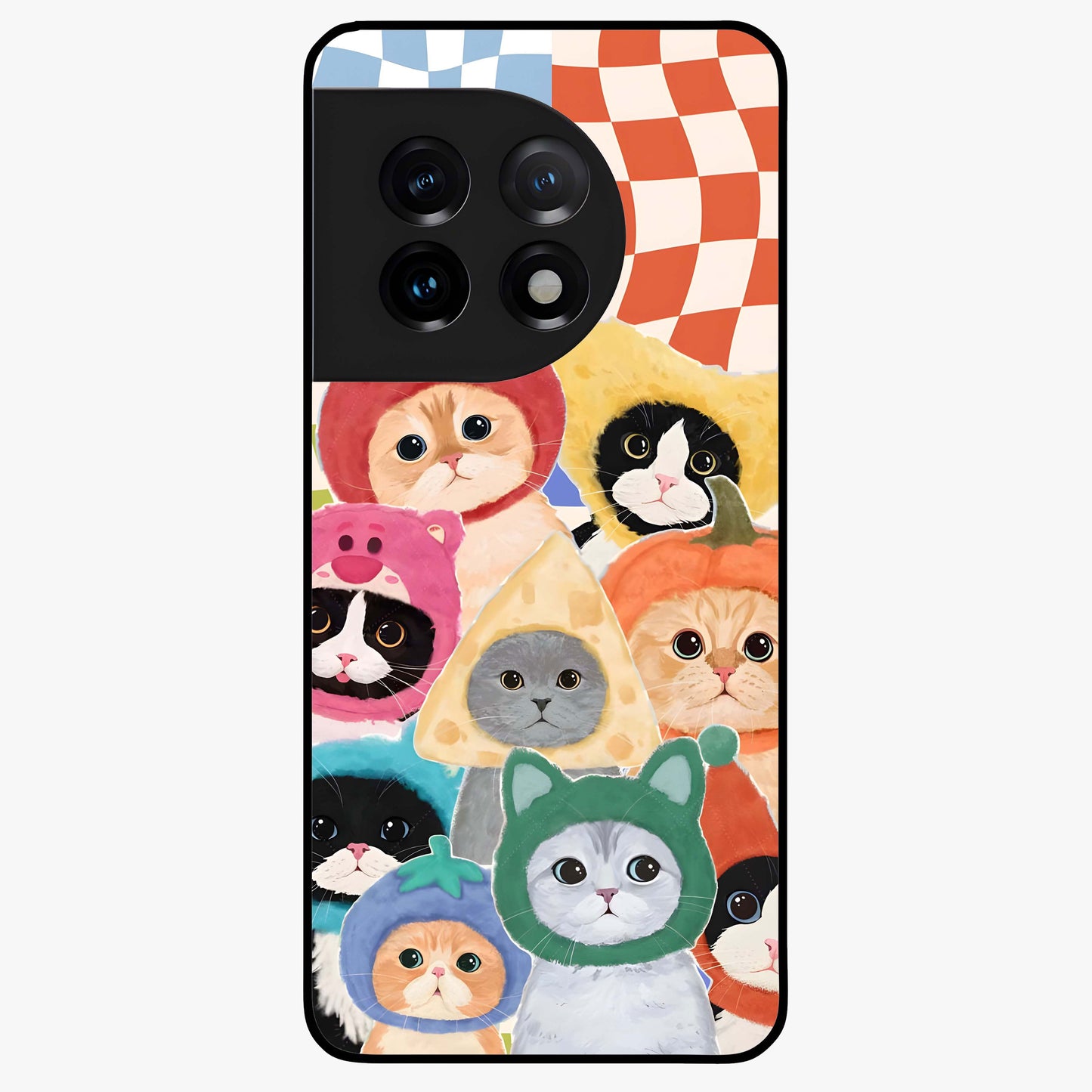 Cats in Fruits Glass Case for 1+11 playful front view featuring cute cat illustrations with vibrant fruit artwork