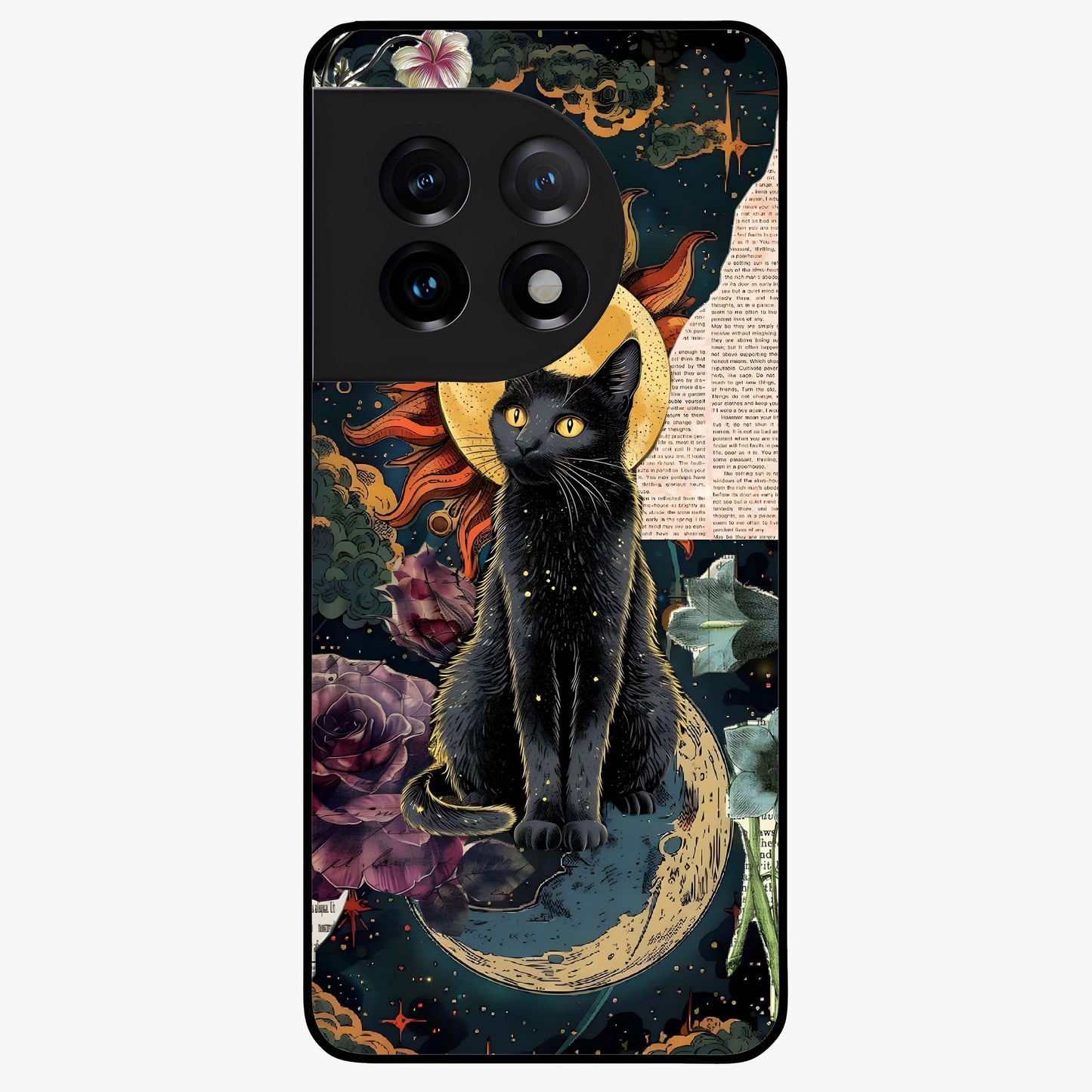 Celestial Black Cat Glass Case for 1+11 mystical front view featuring black cat artwork with cosmic background