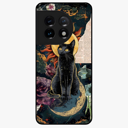 Celestial Black Cat Glass Case for 1+11 mystical front view featuring black cat artwork with cosmic background