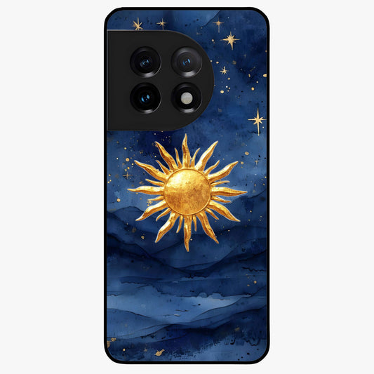Celestial Blue Glow Glass Case for 1+11 radiant front view featuring glowing blue cosmic artwork