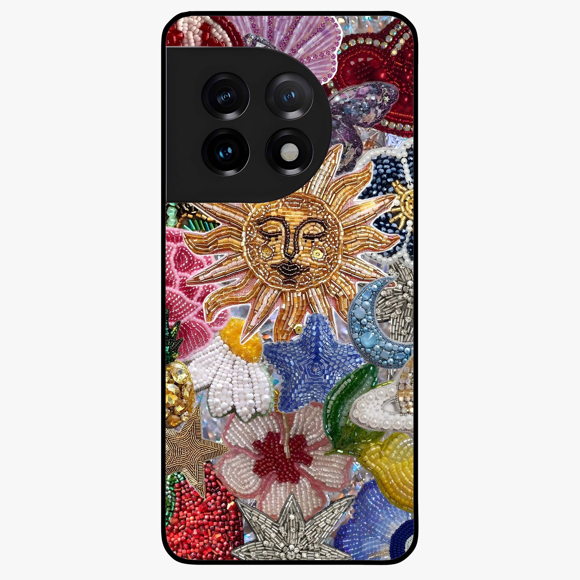 Celestial Floral and Playful Glass Case for 1+11 vibrant front view featuring floral artwork blended with cosmic elements