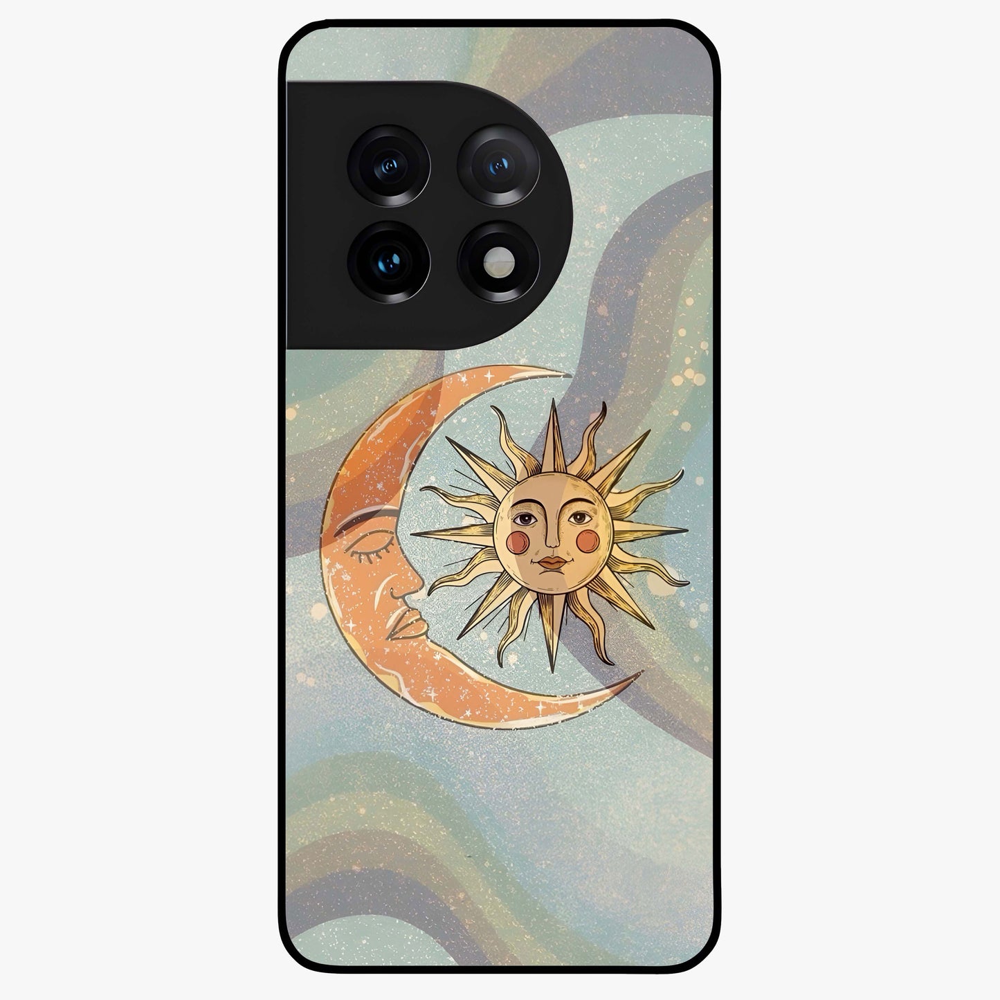 Celestial Harmony Vibes Glass Case for 1+11 serene front view featuring balanced cosmic artwork with calming tones