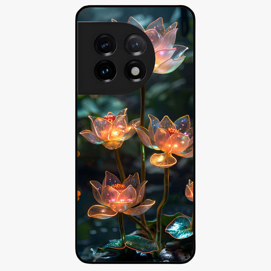Celestial Lotus Light Glass Case for 1+11 peaceful front view featuring glowing lotus artwork with cosmic backdrop