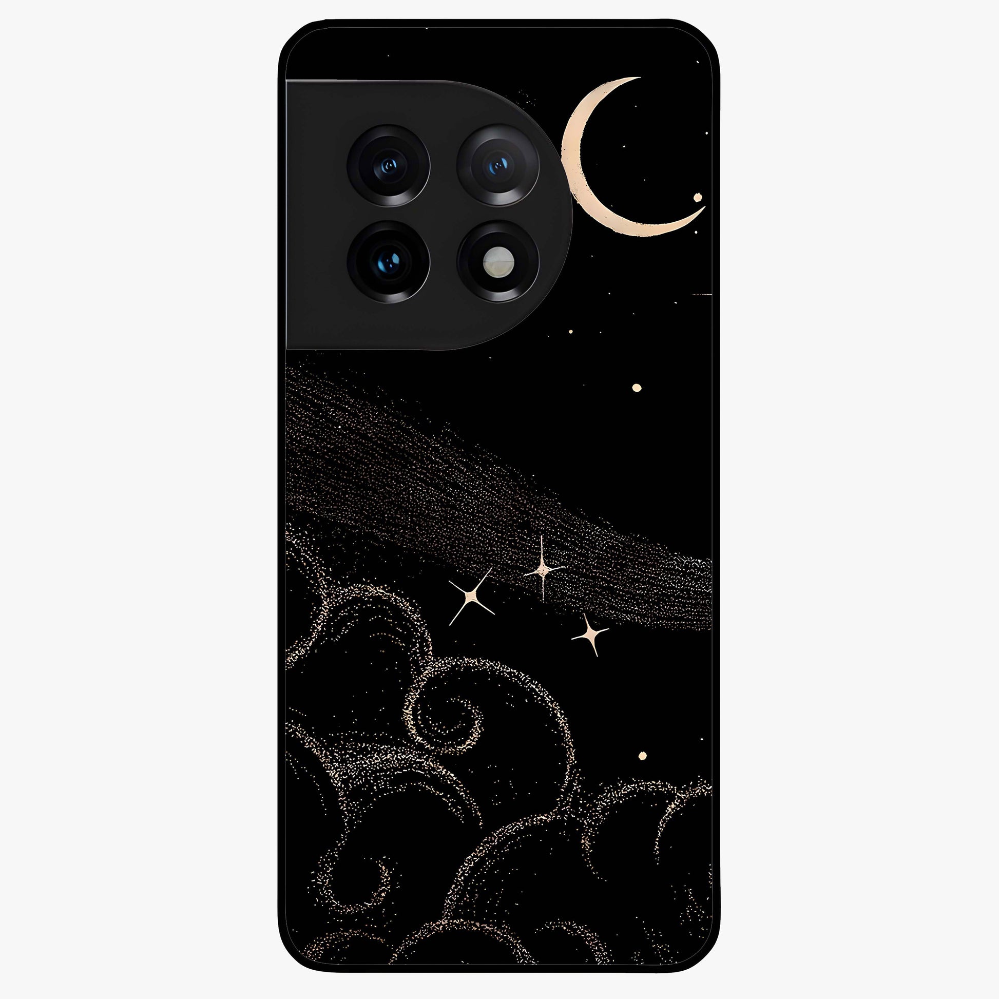 Celestial Midnight Veil Glass Case for 1+11 dramatic front view featuring deep midnight sky artwork