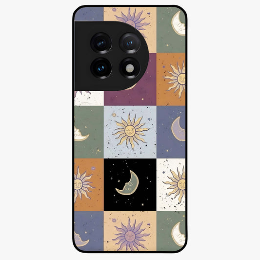 Celestial Patchwork Dreams Glass Case for 1+11 dreamy front view featuring patchwork style cosmic artwork