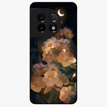 Celestial Petal Night Glass Case for 1+11 elegant front view featuring floral petals against dark night sky tones