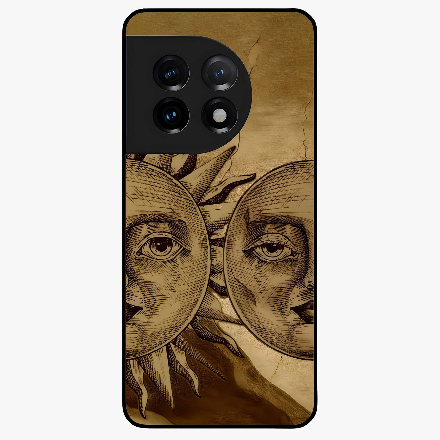 Celestial Relic Glow Glass Case for 1+11 mystical front view featuring ancient relic inspired cosmic artwork