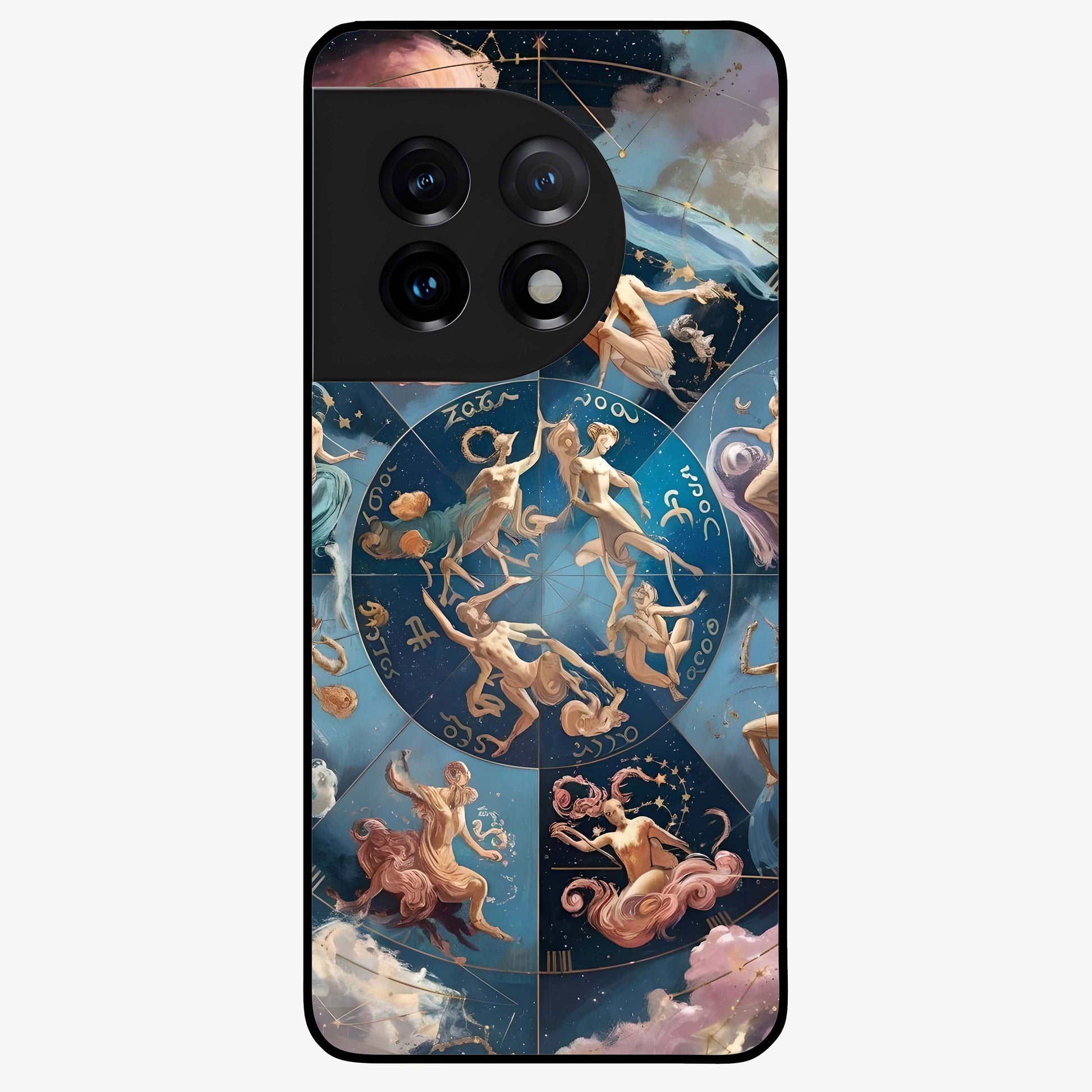 Celestial Signs Dance Glass Case for 1+11 artistic front view featuring zodiac inspired celestial symbol artwork