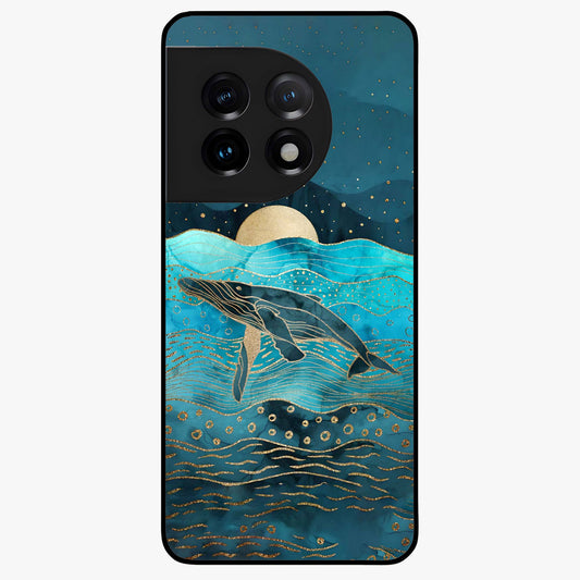 Celestial Whale Voyage Glass Case for 1+11 dreamy front view featuring whale artwork against cosmic sky backdrop