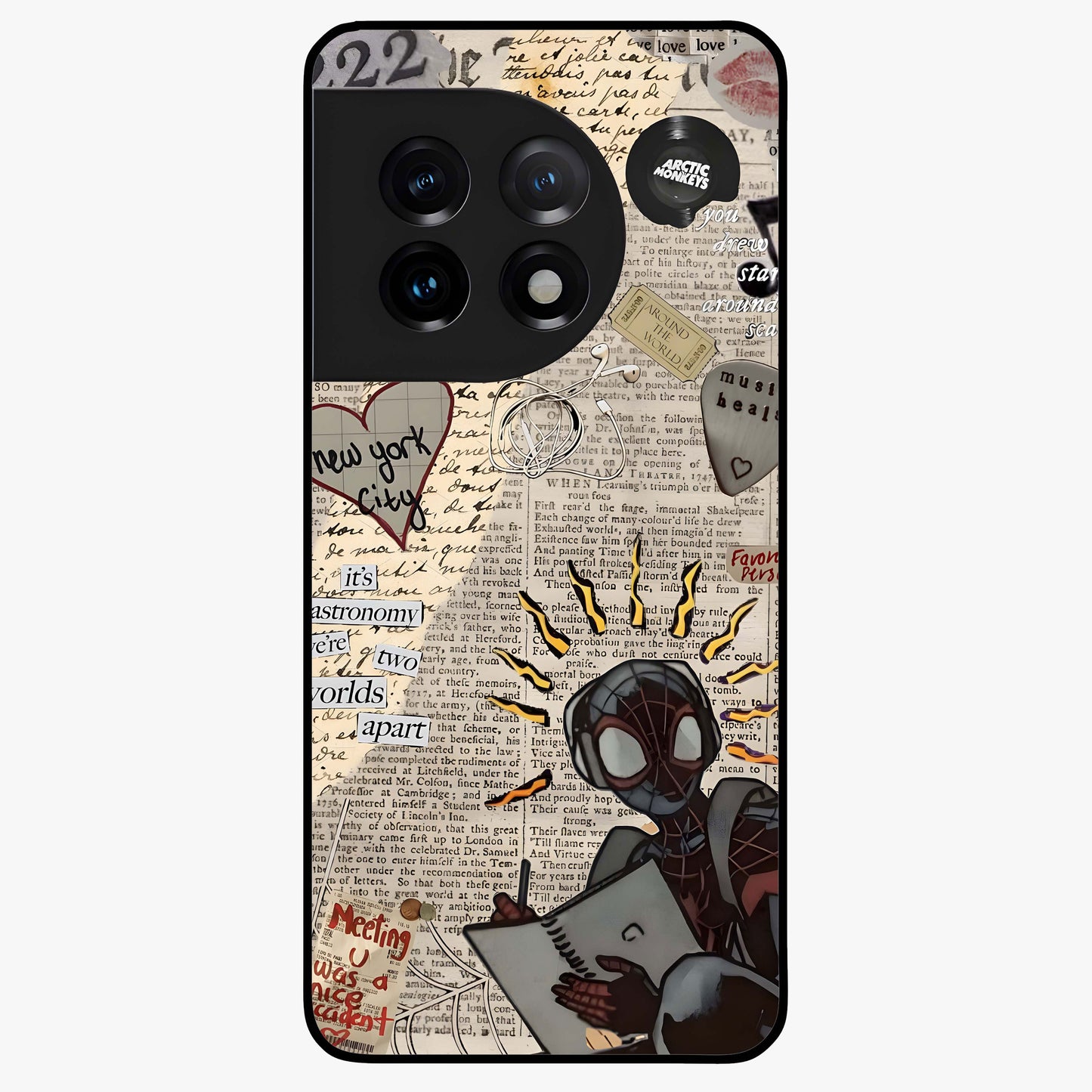 City Dream Sketch Glass Case for 1+11 showing full back design in clean flat view with artistic city sketch artwork and glossy glass finish.