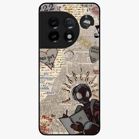City Dream Sketch Glass Case for 1+11 showing full back design in clean flat view with artistic city sketch artwork and glossy glass finish.