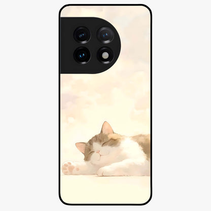 Cloud Nap Cat Glass Case for 1+11 adorable front view featuring cute sleeping cat artwork on soft cloud background