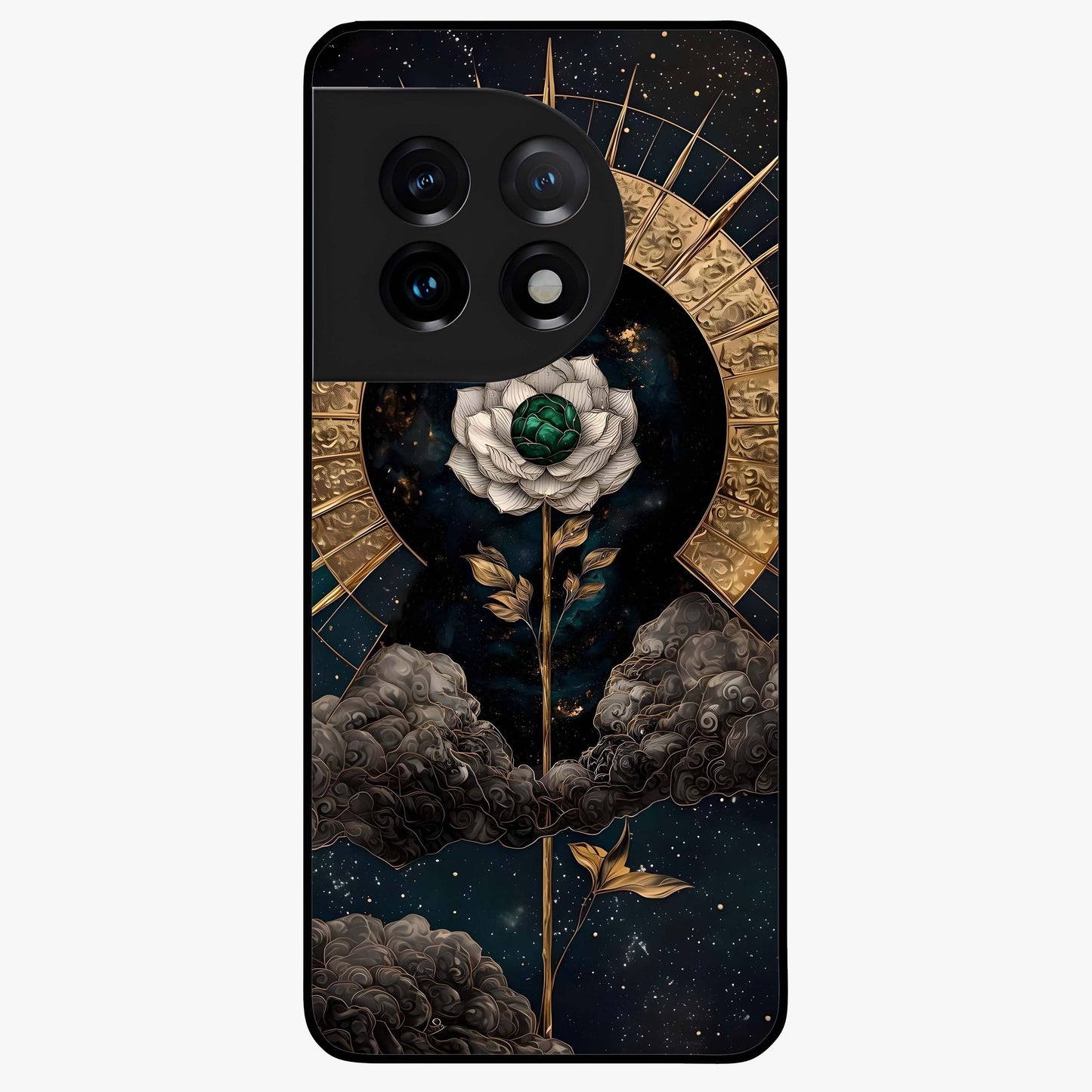 Cosmic Bloom Rose Glass Case for 1+11 elegant front view featuring rose artwork blended with cosmic background