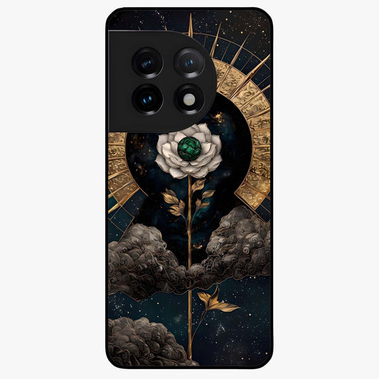 Cosmic Bloom Rose Glass Case for 1+11 elegant front view featuring rose artwork blended with cosmic background