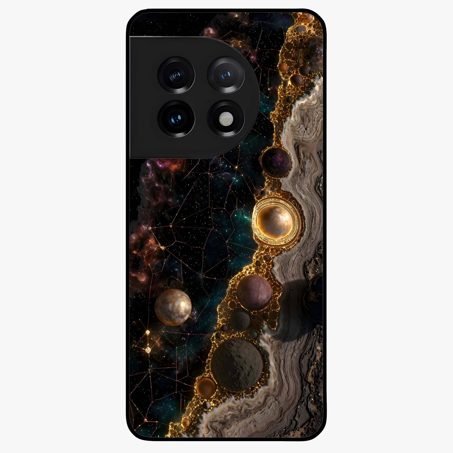 Cosmic Gold Path Glass Case for 1+11 luxurious front view featuring golden pathway artwork against cosmic backdrop