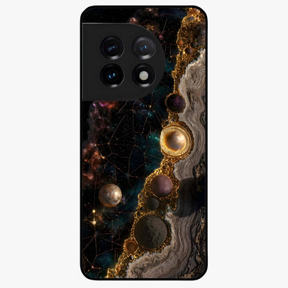 Cosmic Gold Path Glass Case for 1+11 luxurious front view featuring golden pathway artwork against cosmic backdrop
