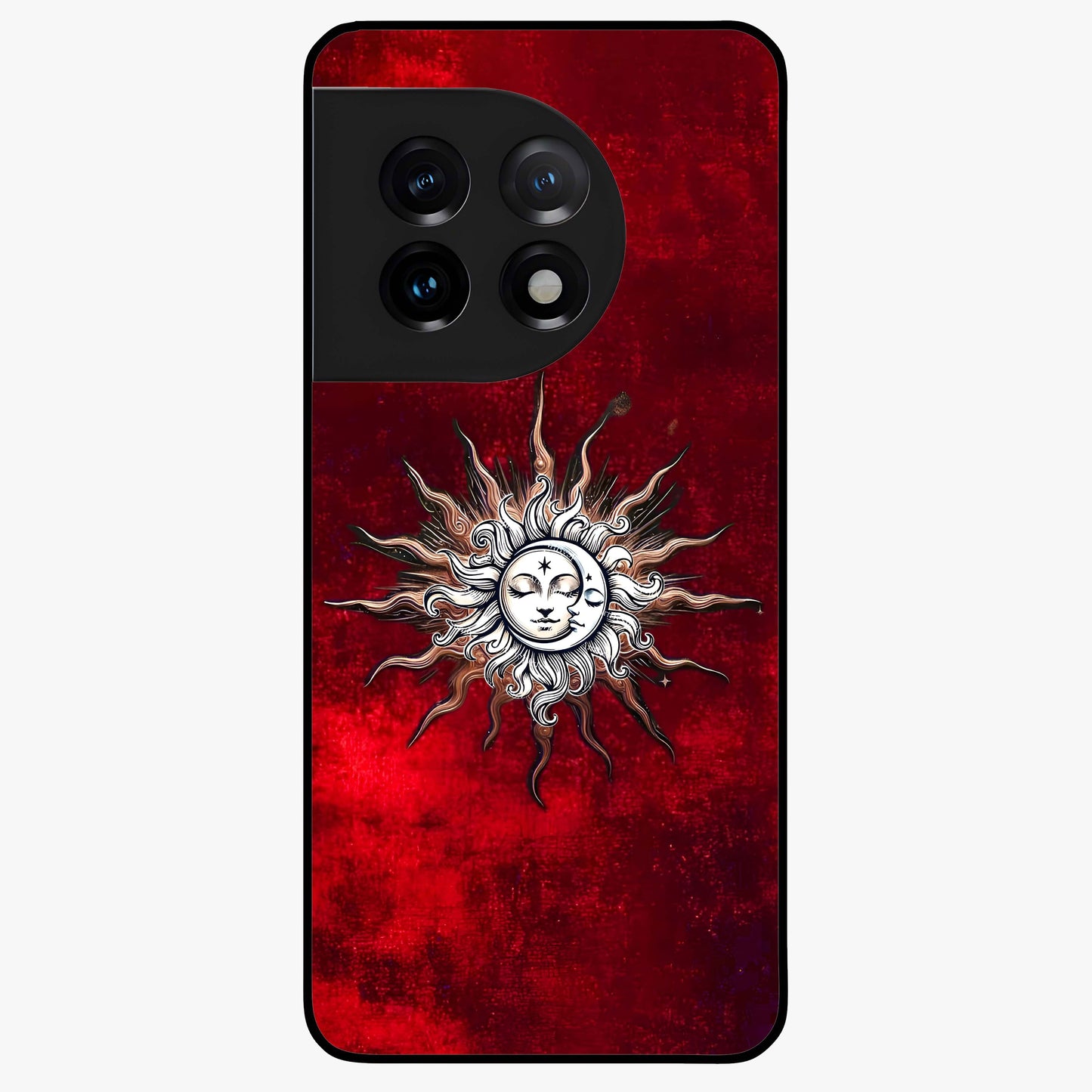 Cosmic Twin Eclipse Glass Case for 1+11 dramatic front view featuring dual eclipse artwork with deep space tones