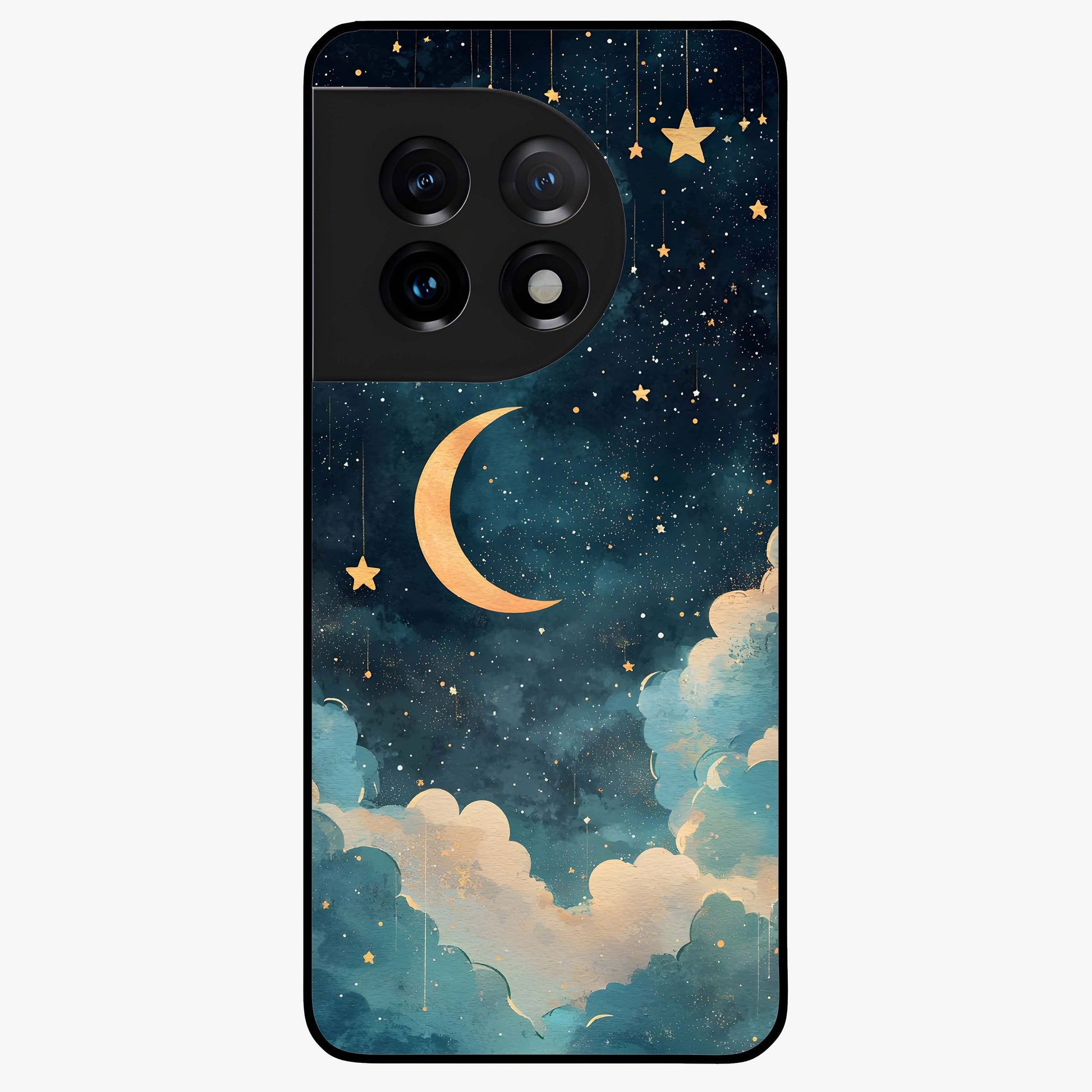 Crescent Galaxy Moon Glass Case for 1+11 mystical front view featuring crescent moon artwork with cosmic background