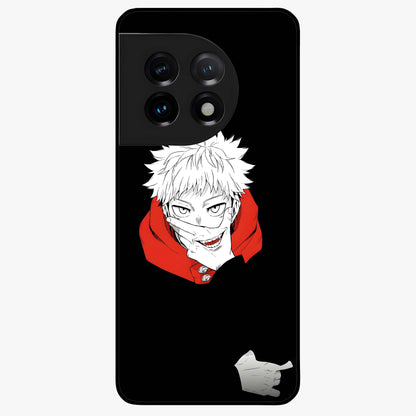 Crimson Chaos Smile Glass Case for 1+11 bold front view featuring edgy smile artwork in deep crimson tones