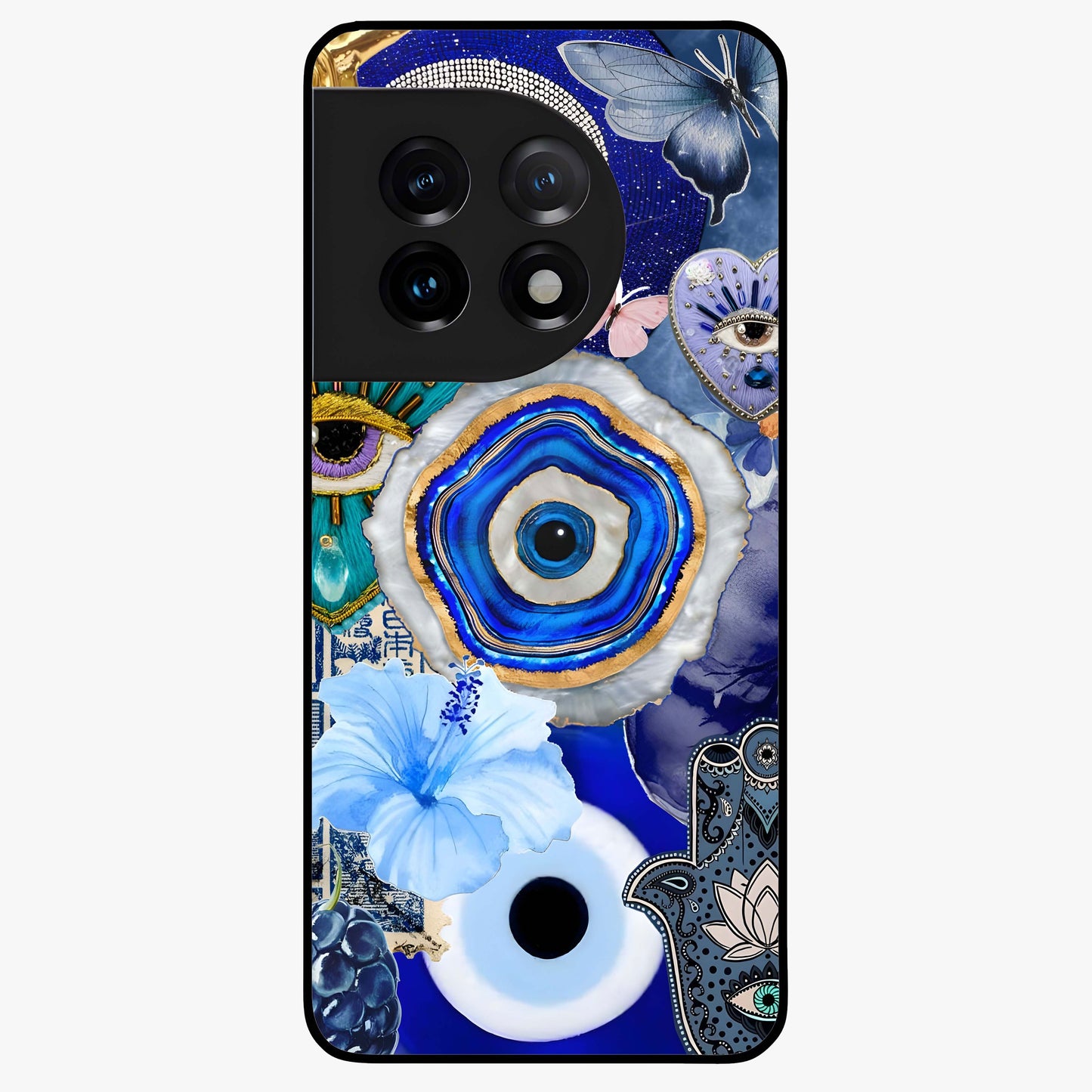 Crimson Evil Eye Charm Glass Case for 1+11 bold front view featuring protective evil eye artwork in deep red tones