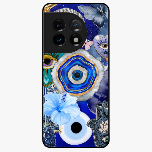 Crimson Evil Eye Charm Glass Case for 1+11 bold front view featuring protective evil eye artwork in deep red tones