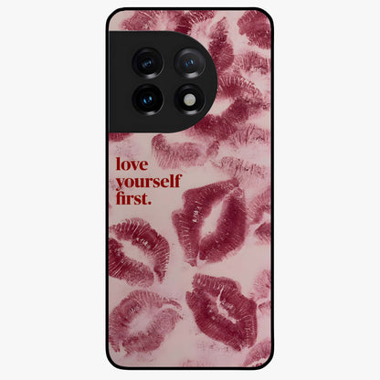 Crimson Kiss Love Glass Case for 1+11 romantic front view featuring bold crimson love inspired artwork