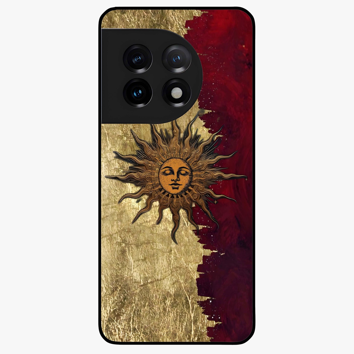 Crimson Sun Majesty Glass Case for 1+11 radiant front view featuring glowing sun artwork in deep red hues