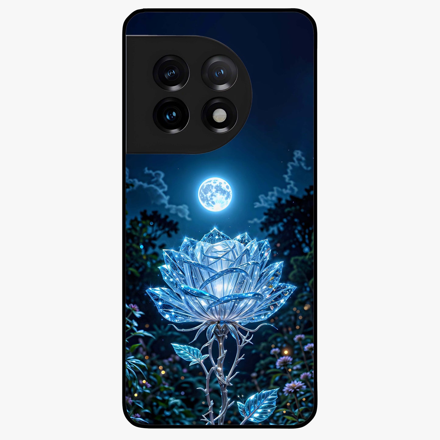Crystal Moon Lotus Glass Case for 1+11 serene front view featuring glowing lotus artwork under crystal moonlight