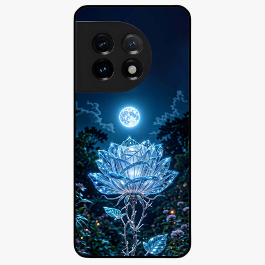 Crystal Moon Lotus Glass Case for 1+11 serene front view featuring glowing lotus artwork under crystal moonlight