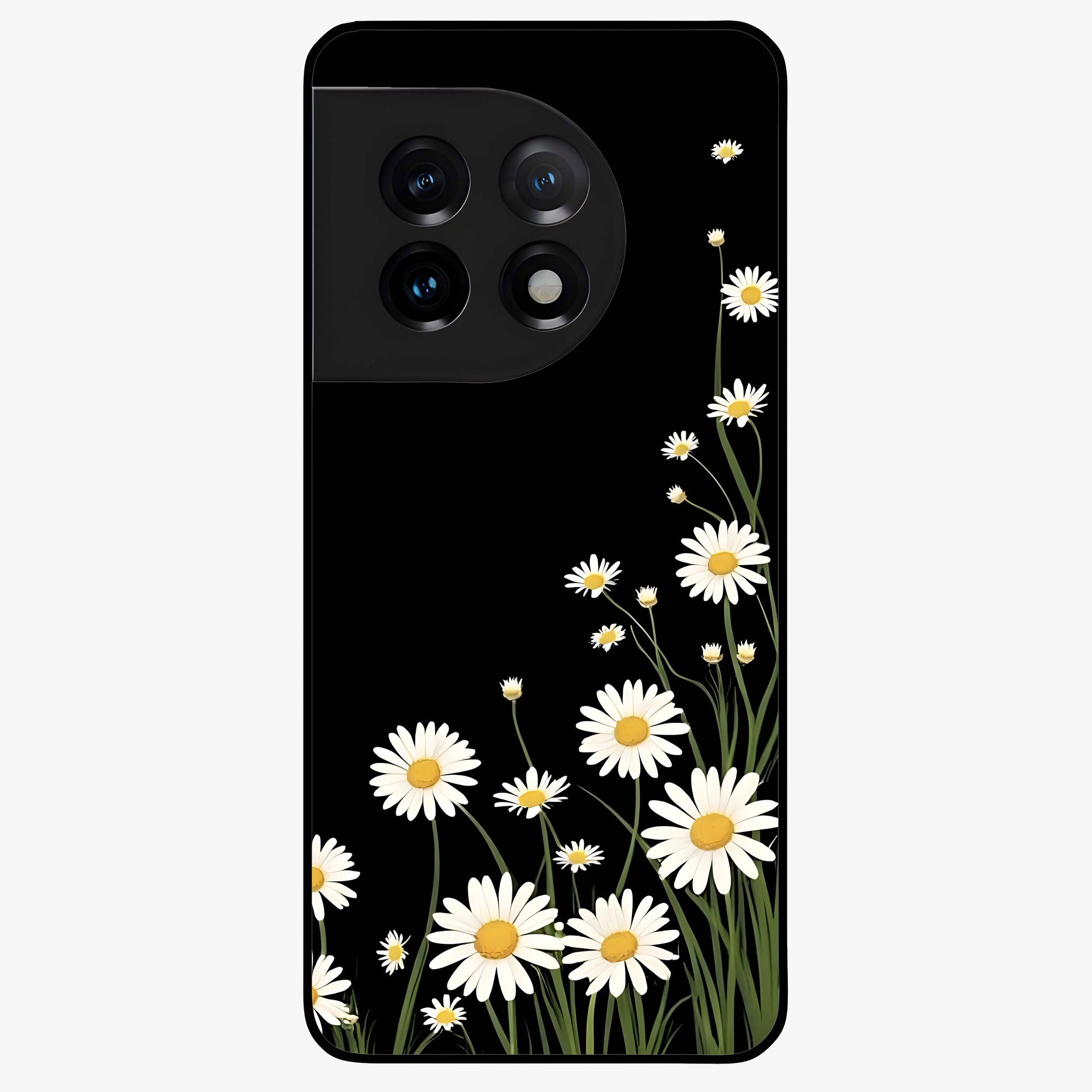 Daisy Cascade on Black Glass Case for 1+11 elegant front view featuring white daisy artwork on deep black background