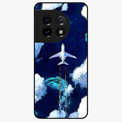 Dark Airplane Glass Case for 1+11 bold front view featuring airplane silhouette artwork on dark background