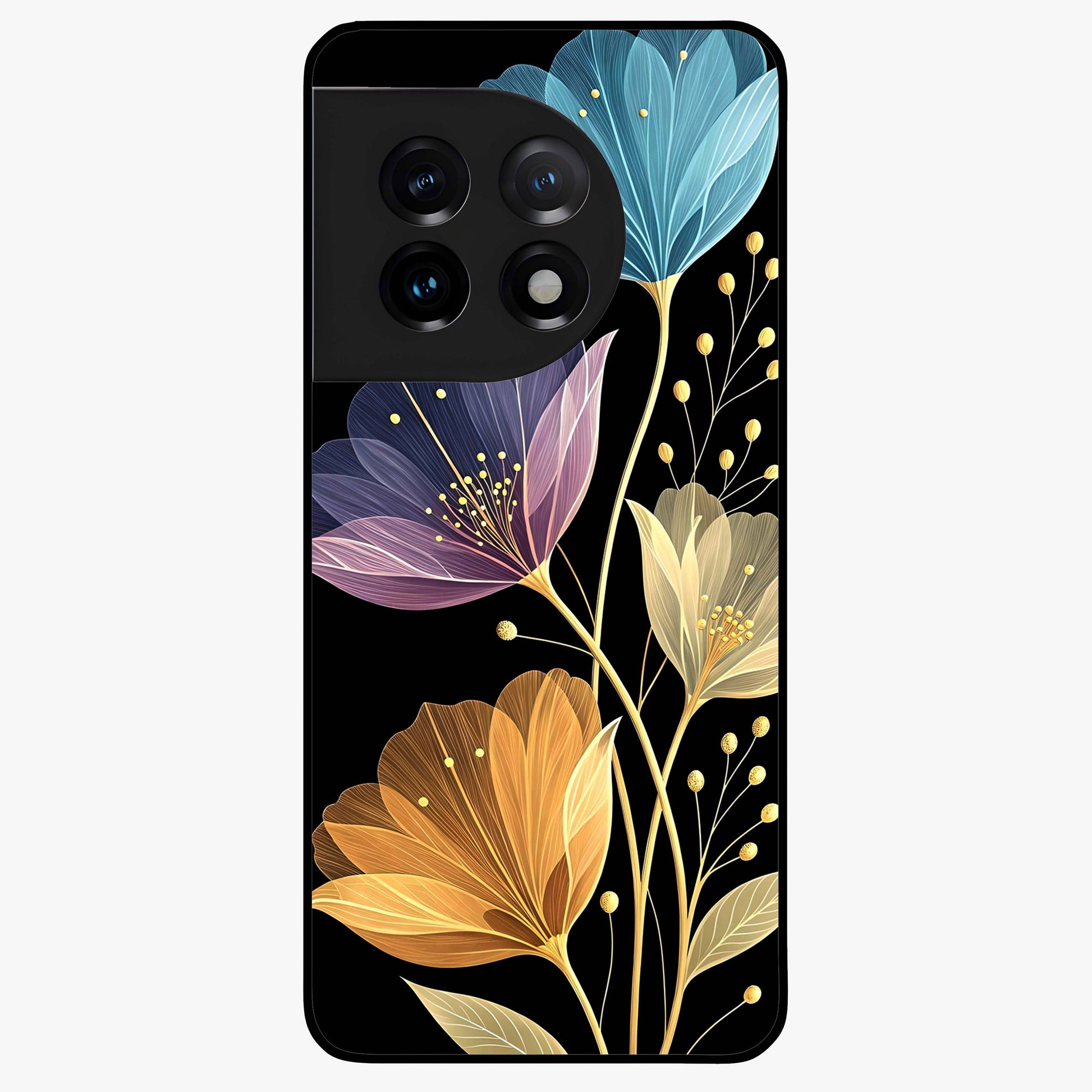 Delicate Multicolor Flowers Glass Case for 1+11 vibrant front view featuring soft multicolor floral artwork