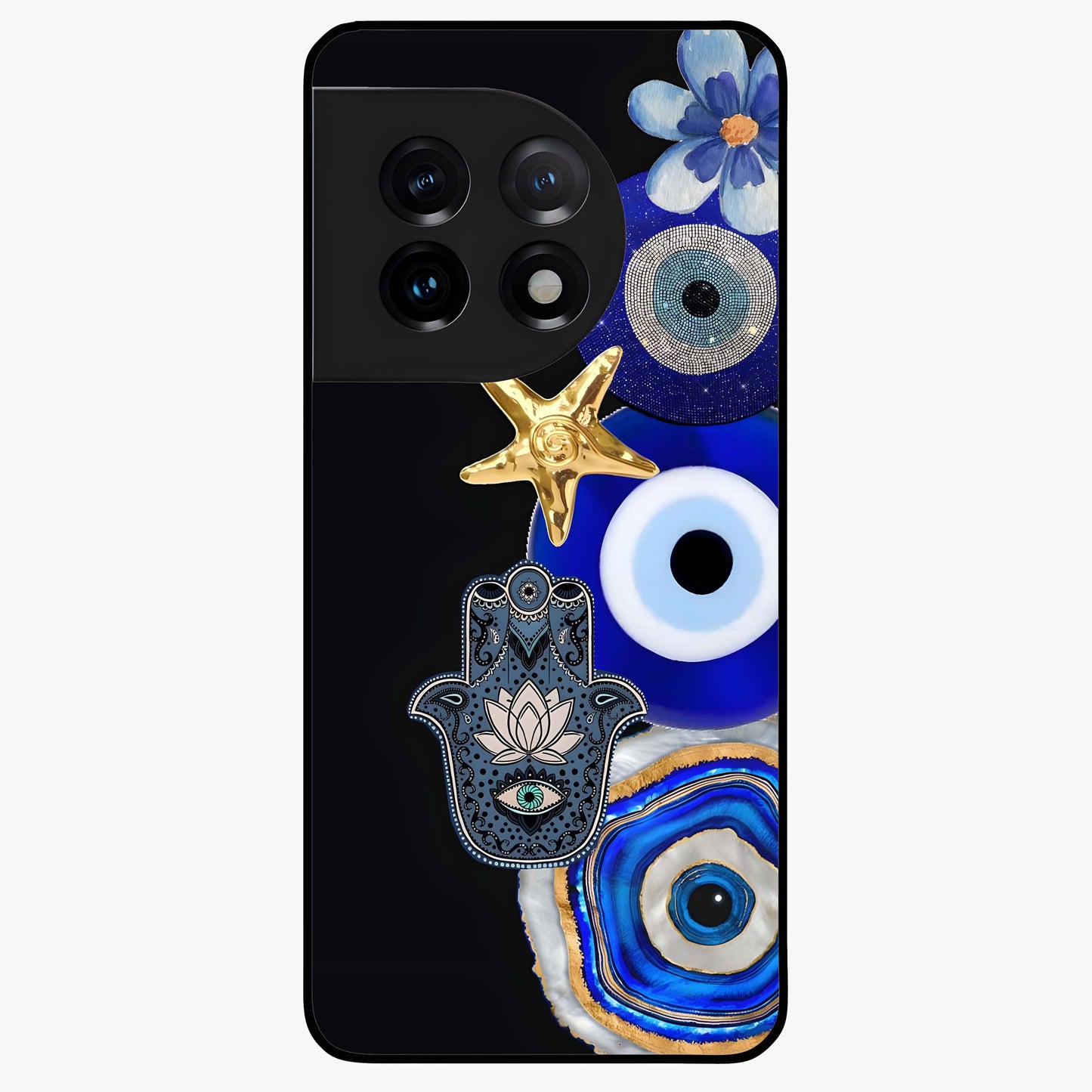 Divine Eye Bloom Glass Case for 1+11 artistic front view featuring floral evil eye inspired artwork