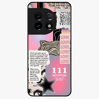 Divine Love Vibes Glass Case for 1+11 soft front view featuring romantic artistic typography design