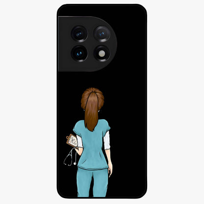 Doctor Pattern Custom Name Glass Case for 1+11 professional front view featuring medical themed artwork with personalized name design