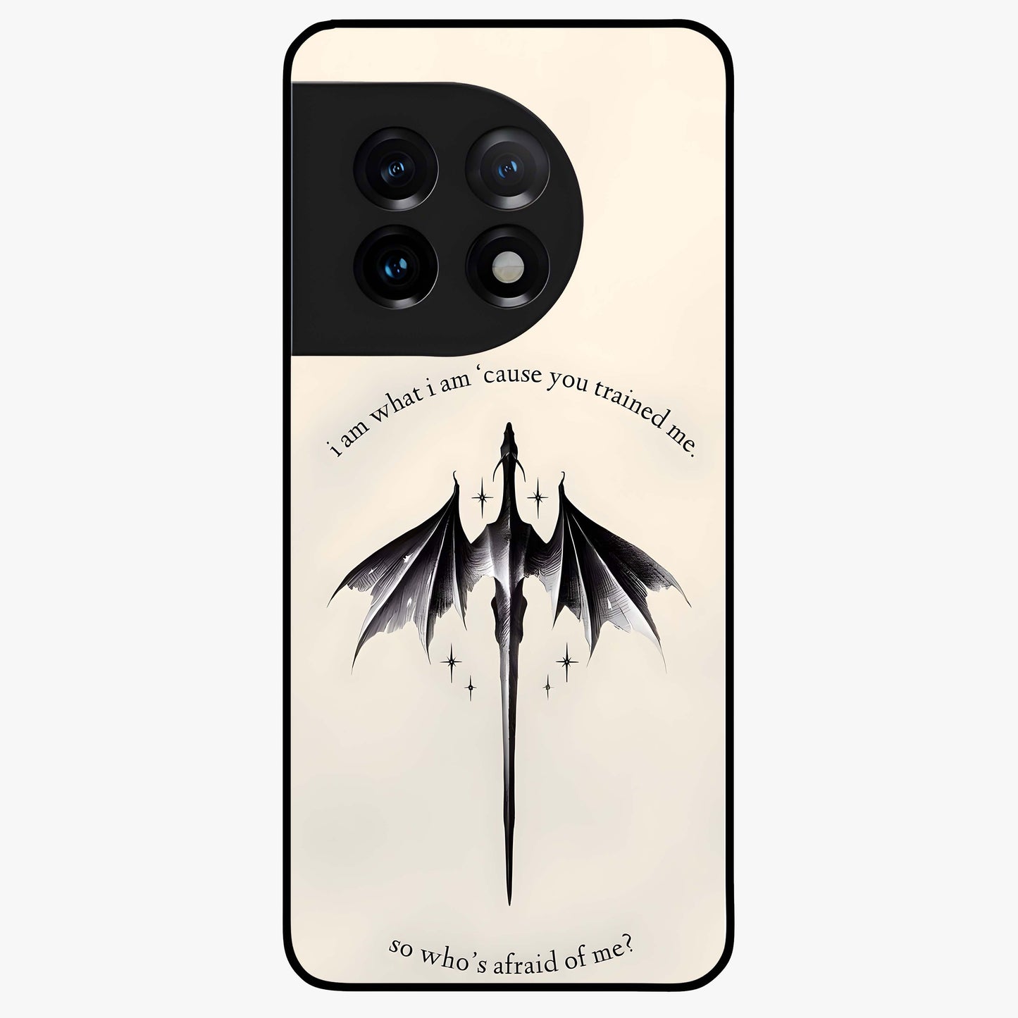 Dragon Quote Art Glass Case for 1+11 bold front view featuring dragon illustration with motivational quote artwork