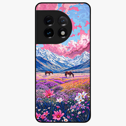 Dreamy Floral Pastures Glass Case for 1+11 soft front view featuring pastel floral meadow artwork